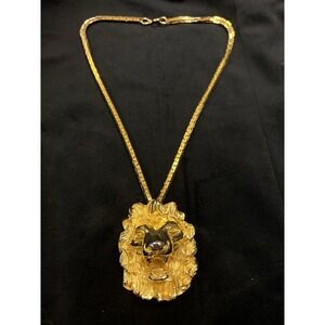 Vintage Judith Leiber Lion Head 18K Gold‎ Plated Chain Pin Brooch Necklace